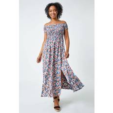 Plis Robes Roman Roman Originals Petite Floral Shirred Bardot Maxi Dress in Blue