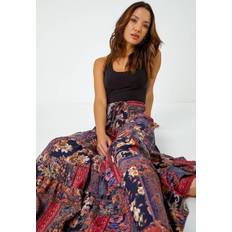 Red - Women Skirts Roman Boho Floral Shirred Waist Maxi Skirt in Red