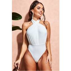 A Swimsuits Goddiva Deep Plunge Halter Neck Swimsuit White