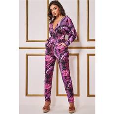 Purple - Women Jumpsuits & Overalls Goddiva Tropical Print Jumpsuit Purple