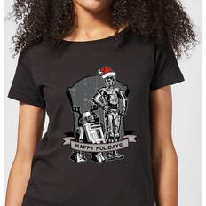 Court T-shirts Star Wars Happy Holidays Droids Women's Christmas T-Shirt - Black