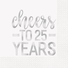 Silver Paper Napkins Unique Party "Cheers to 25 Years" Anniversary Lunch Napkins 6.5" x 6.5" 16 Pcs