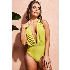 Beige Swimsuits Goddiva Deep Plunge Halter Neck Swimsuit Lime