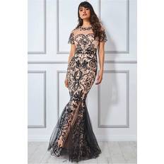 Long Dresses - Mesh Goddiva Mesh & Lace Maxi With Scalloped Hem Black