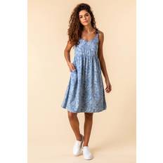 Pliegues Vestidos Roman Tropical Print Strappy Sun Dress in Blue