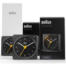 Alarm Clocks Braun Classic Black Travel Analogue Alarm Clock Home Gift Bundle with Snooze and Light, Compact Size, Quiet Quartz Movement, Crescendo Beep Alarm in Black, Model BC02XB 2 Pack