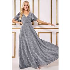 Long Dresses - Silver Goddiva Sequin Lurex Flutter Sleeve Maxi Dress Silver