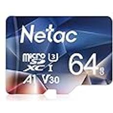 Netac 64 GB MicroSDHC minneskort, Micro SD-kort R/W upp till 100/30 MB/s, TF-kort 4K Full HD-videoinspelning, UHS-I, C10, U3, A1, V30, för kamera, smartphone, säkerhetssystem, drönare, Dash Cam, Gopro