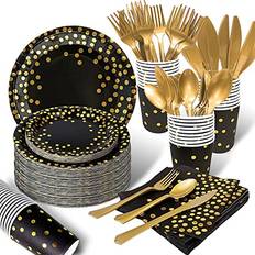 AIRE 175PCS Black and Gold Party Supplies, Severs 25 Disposable Party Dinnerware, Gold Plastic Forks Knives Spoons and Golden Dot Black Paper Plates, Black Napkins Cups for Graduation, Birthday, Wedding