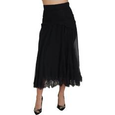 XXXS Nederdele Dolce & Gabbana Black Silk Lace Trim High Waist Midi Skirt Black IT40/S