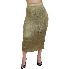 Dolce & Gabbana Gold Skirts Dolce & Gabbana Gold Tiered Metallic Fringed Midi Silk Skirt IT42