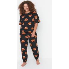 5XL Nachtwäsche Trendyol Collection Anthrazitfarbenes Strickpyjama-Set mit Teddybärmuster TBBAW23AI00039