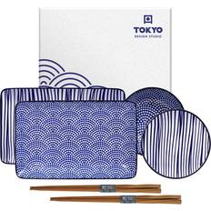 Tokyo Design Studio - Nippon Blue - Sushi borden set met eetstokjes - 21x13.5cm & 9.5x3cm - 4pcs - Lines/Dots