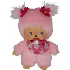 Monchhichi Sekiguchi 242443 Original Mädchen Kirschblüte, Plüschtier mit Lätzchen und Zöpfen mit Blumen, ca. 15 cm großes Kuscheltier aus rosa Plüsch