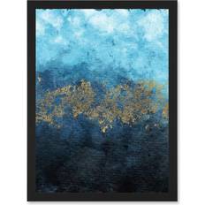 ARTERY8 Abstract Watercolour Modern Artwork Blue And Gold Framed Art 21x29.7cm