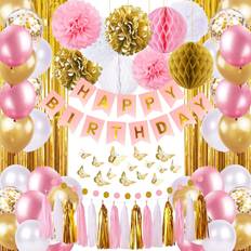 Beige Party Decorations Pink and Gold Birthday Party Decorations for Women with Happy Birthday Banner,Curtains, Butterfly Wall,Circle Dots Garland,Tissue Pompoms,Paper Tassels Garland Birthday for Her