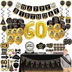 Jenlion 60th birthday decorations for men women 76pack black gold party Banner, Pennant, Hanging Swirl, birthday balloons, Tablecloths, cupcake Topper, Crown, plates, Photo Props, Sash for gifts