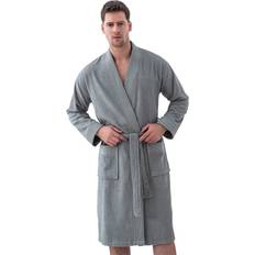 Luxury Turkish Cotton Terry Men's Kimono Bathrobe Premium Cotton Men's Terry Cloth Robe Long Textured, Rice Weave Trim Large, Grey Kimono