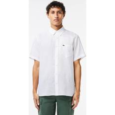 Lacoste Skjorter Lacoste Mens White Logo-embroidered Regular-fit Linen Shirt