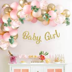 Baby Shower Balloon Arches Sweet Baby Co. Baby Shower Decorations for Girl with Pink Balloon Arch Garland Kit, Baby Girl Banner Decor, Eucalyptus Boho Greenery Vine, Light Pink, Peach Blush, Gold, Confetti Balloons