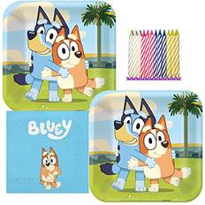 Plates, Cups & Cutlery Amscan Bluey Party Supplies Pack Serves 16: 7" Dessert Plates & Beverage Napkins with Birthday Candles Bundle for 16