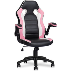 Inbox Zero Inbox Zero Faux Leather Computer Gaming Racer Chair, Adjustable Ergonomic Computer Racing Seat w/ Flip-Up Arm Faux Leather in Pink/White/Black Pink/White/Black