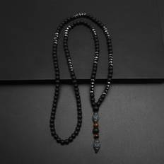 Grey - Men Necklaces Shein Fashionable Vintage Black Bead Natural Stone Necklace - Black