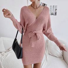 Shein Klänningar Shein Solid Wrap Batwing Sleeve Belted Sweater Dress