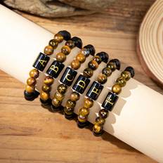 Shein 1pc English Letter Pattern Tiger Eye Stone Beaded Elastic Bracelet For Men's Gift