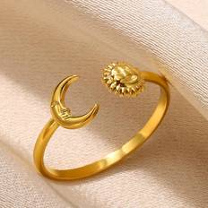 Unisex Ringar Shein 1pc Stainless Steel Sun & Moon Shaped Open Ring With Abstract Design, Unisex