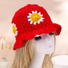 Shein Hattar Shein 1pc Handmade Crochet Sunflower Pattern Decorated Colorful Patchwork Cute & Sweet Style Fisherman Hat For Women, Suitable For Travel And Outdoor Activi