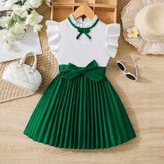 Green Dresses Children's Clothing Shein Little Girls' Ruffle Trim Pleated Hem Belted Dress