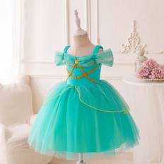 Green Dresses Children's Clothing Shein Young Girl Cold Shoulder Mesh Overlay Gown Dress