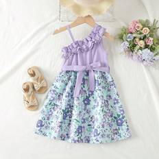 Purple Dresses Shein Little Girls' Lotus Edge Floral Printed Dress