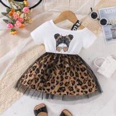 Leopard Dresses Children's Clothing Shein Baby Leopard & Figure Graphic Asymmetrical Neck Mesh Overlay Hem Dress