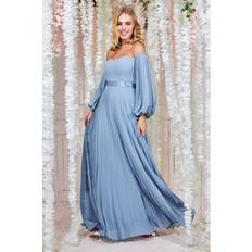 Blue - Evening Gowns Dresses Goddiva Bardot Chiffon Pleated Maxi Blue