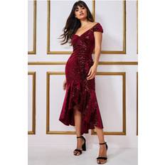 Long Dresses - Velvet Goddiva Sequin & Velvet Bardot High Low Maxi Wine