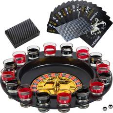 BETTERLINE Shot Glass Roulette Drinking Game and Poker Playing Cards Set Spinning Wheel, 2 Balls and 16 Shot Glasses Casino Adult Party Games