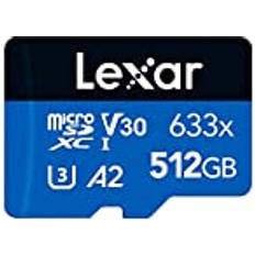 LEXAR 633x 512 GB Micro SD Kort, microSDXC UHS-I Minneskort, med SD-adapter, upp till 100 MB/s Läsning, A2, C10, U3, V30, TF Kort för Smartphone, Läsplatta och IP-kamera LMS0633512G-BNAAA