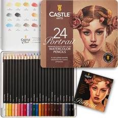 Multicoloured Aquarelle Pencils Castle Art Supplies "Porträtt" tema akvarellpennor set 24 premiumkvalitet, utvalda livliga färger rita och måla samtidigt för vuxna konstnärer och gåvor I speciell plåtlåda