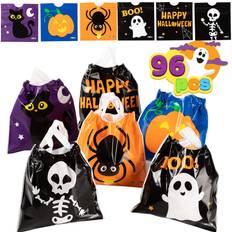 Joyin 96 Pcs Halloween Drawstring Candy Bags, Small Trick or Treat Bags, Plastic Goodie Bags Halloween Party Favors