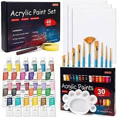 Brushes Shuttle Art 46 Pack Acrylic Paint Set 30 Colors Acrylic Paint with 10 Paint Brushes 3 Painting Canvas 1 Paint Knife Palette Sponge Gift Set for Kids Adults Beginners School Activities