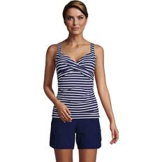 Lands' End Swimwear Lands' End Womens Chlorine Resistant Underwire Wrap Tankini Top Deep Sea/White Media Stripe Regular