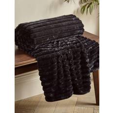 Velvet Textiles Catherine Lansfield Cosy Ribbed Soft Blankets Black, Natural (170x130cm)