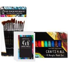 Acrylic Paints Acrylic Paint Set for Adults and Kids 12 Pack of 12mL Paints with 12 Art Brushes & 4 Canvases Non-Toxic Craft Paint Halloween Pumpkin Painting Kit Canvas Ceramic Rock Paint Art Supplies