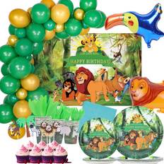 Plates, Cups & Cutlery 198 PCS Lion Birthday Party Supplies Set- Cartoon Themed Tableware Plates Cups Napkins Cutlery Jungle Safari Animal Balloons Backdrop for Kids Photo Props Baby Shower Decoration- Serves 16