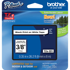 Brother TZe-221 Black-On-White Tape, 0.38"