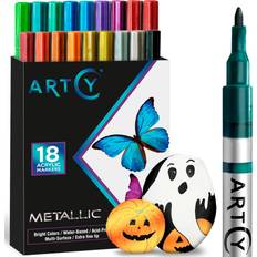 Markers Metallic Paint Pens 18 Acrylic Paint Markers Metallic Extra Fine Tip 0.7mm Great for Rock Painting, Canvas, Glass, Porcelain, Fabric, Paper, Pottery and Plastic