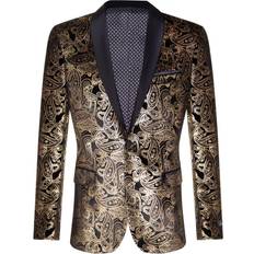 Men Blazers Truclothing Mens classic gold paisley black velvet tuxedo dinner jacket tailored fit blazer