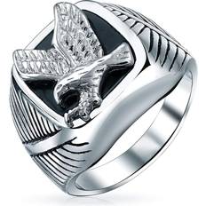 Men - Stainless Steel Rings Bling Jewelry Patriotic Mens Black Enamel Stainless Steel Eagle Ring,Grey,11